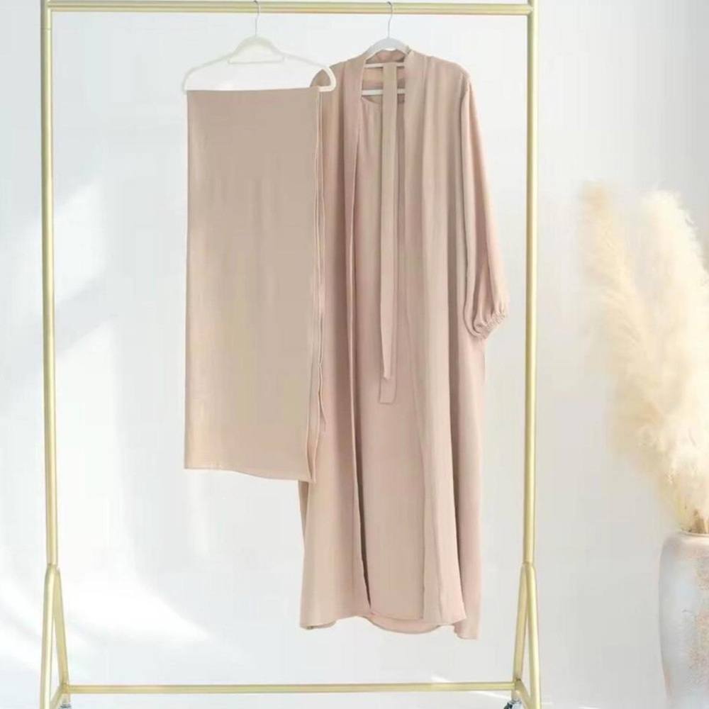 New Abaya Set Crinkle Fabric Open Abaya+Inner Long Dress Islamic Clothing Muslim